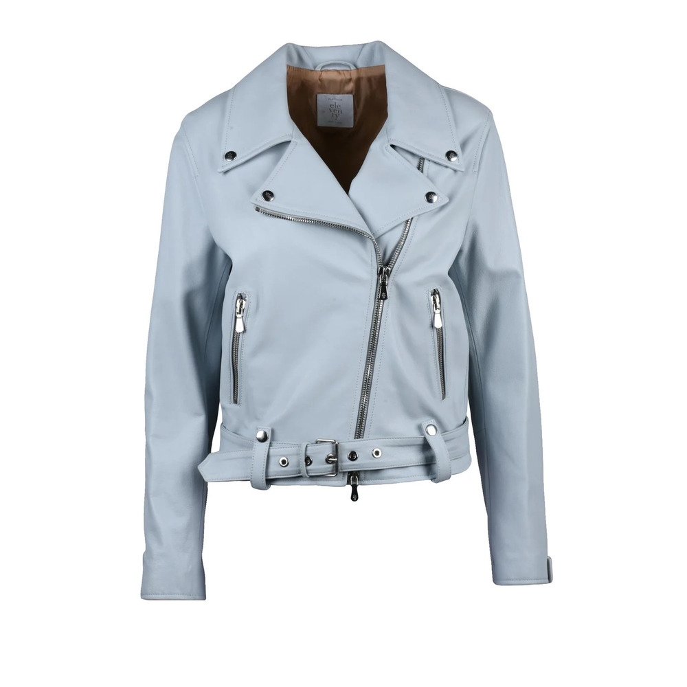 ELEVENTY Light Blue Leather Biker Jacket